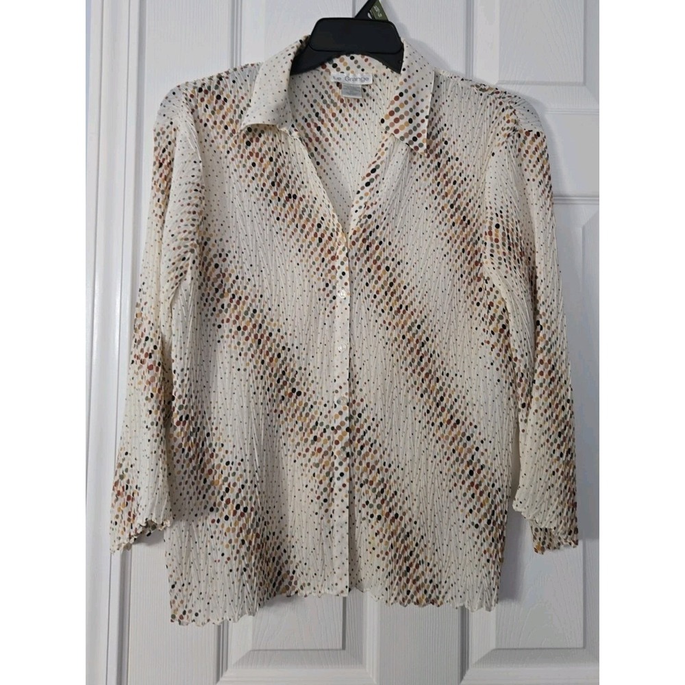 Le Grange Womans 3/4 Sleeve Shirt Size‎ XL Button Done Ivory With Pokadots